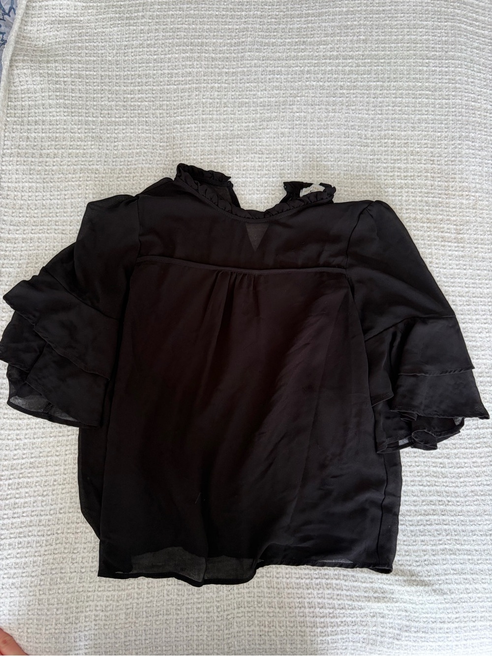 Black Ruffle Sleeve Blouse with Tie Neck